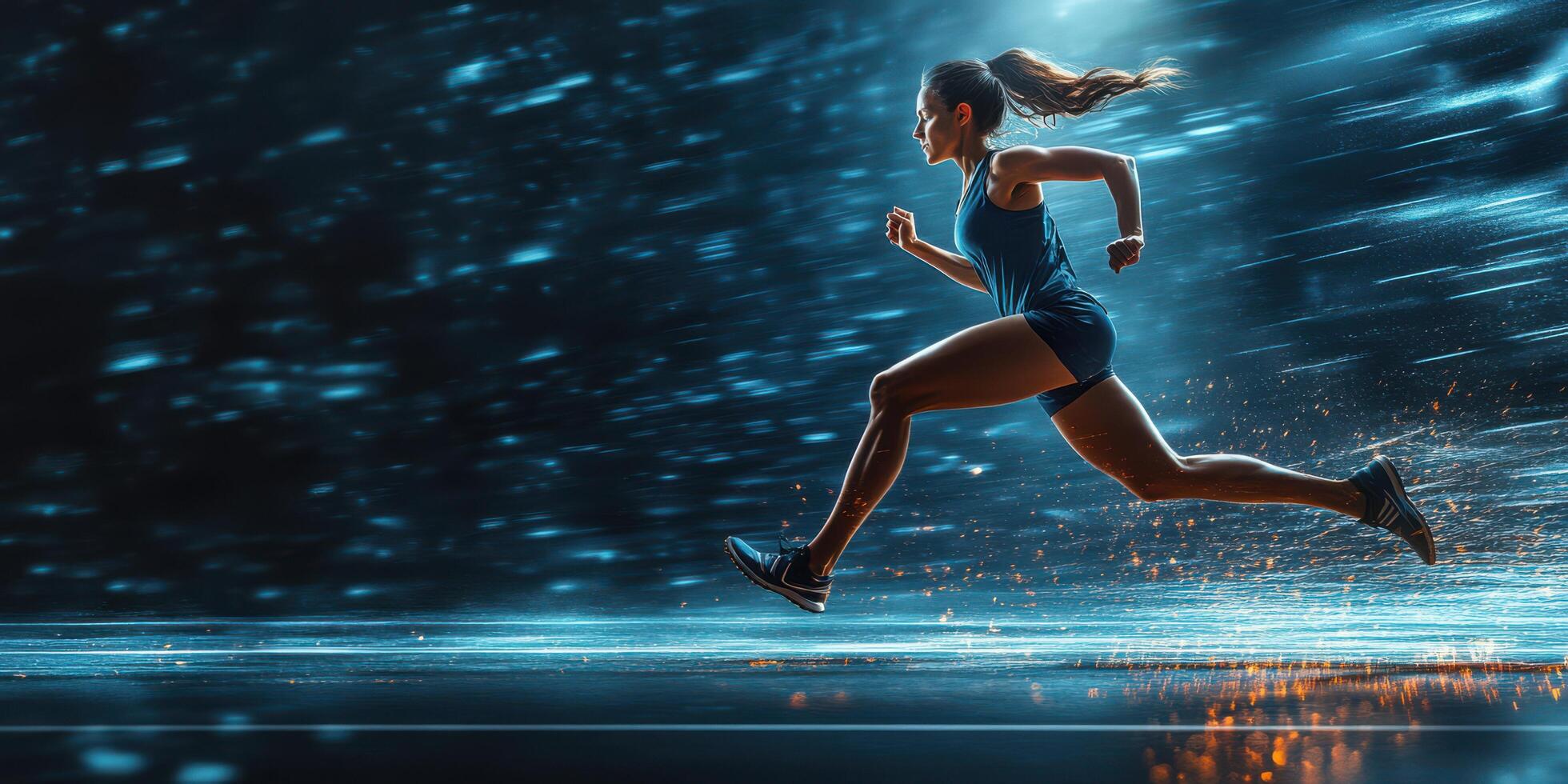 A woman running in the dark with light coming from her photo