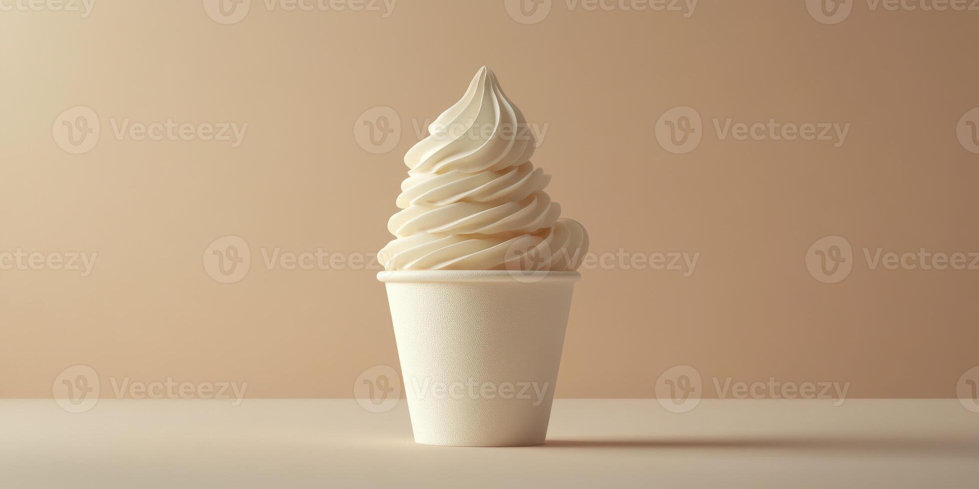 Swirled soft serve ice cream in a paper cup on a neutral background photo
