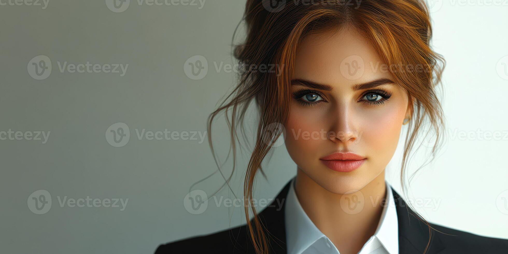Confident young woman poses elegantly in a tailored suit against a minimalist backdrop photo