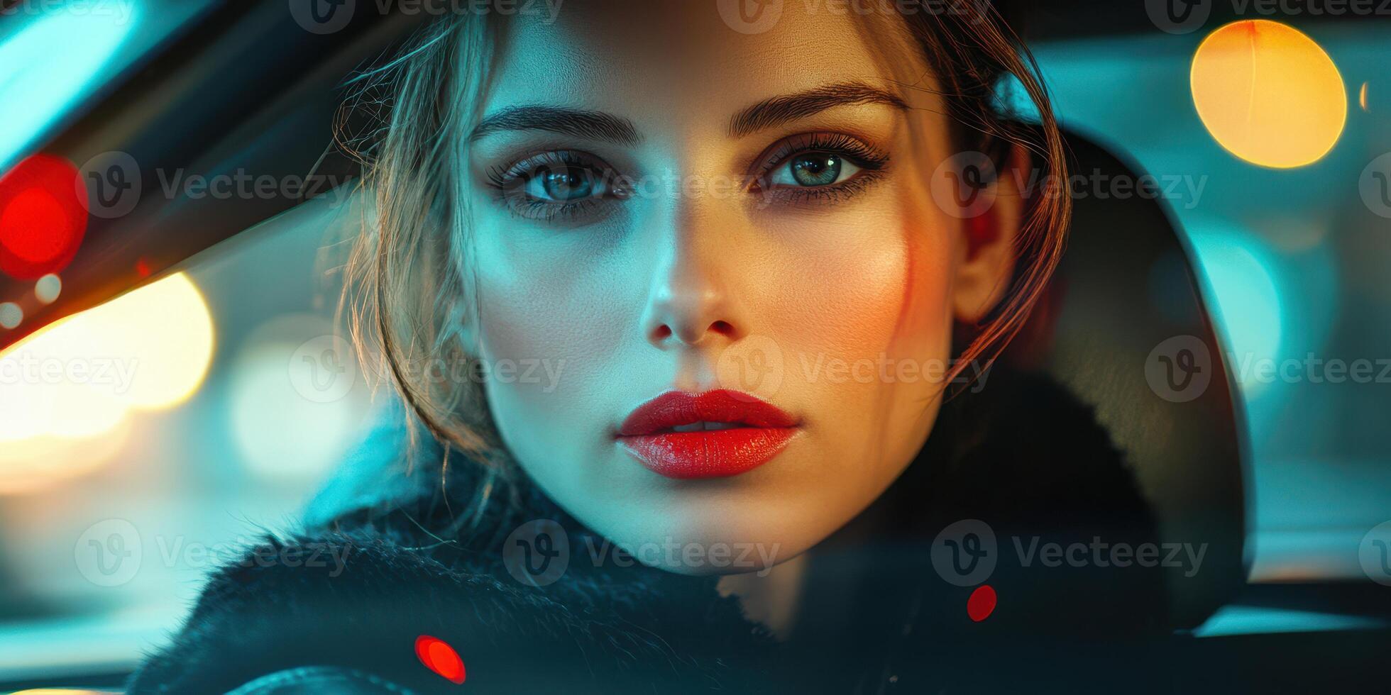 Woman with striking features and red lips gazes out of a car at night, illuminated by city lights photo