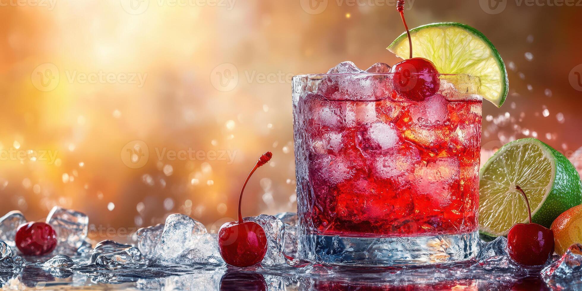 Refreshing drink served in a glass with ice, cherries, and lime slices on a warm summer evening photo