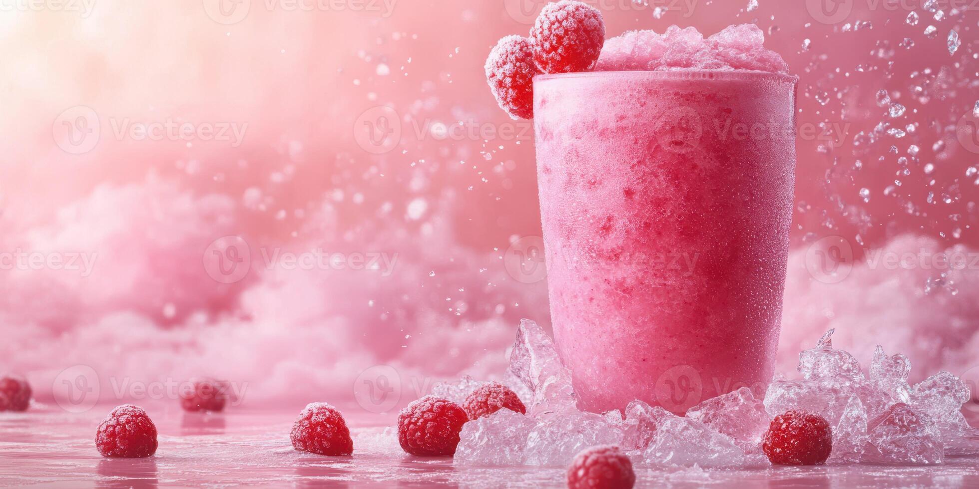 Refreshing raspberry smoothie with ice served against a vibrant pink background at a summer gathering photo