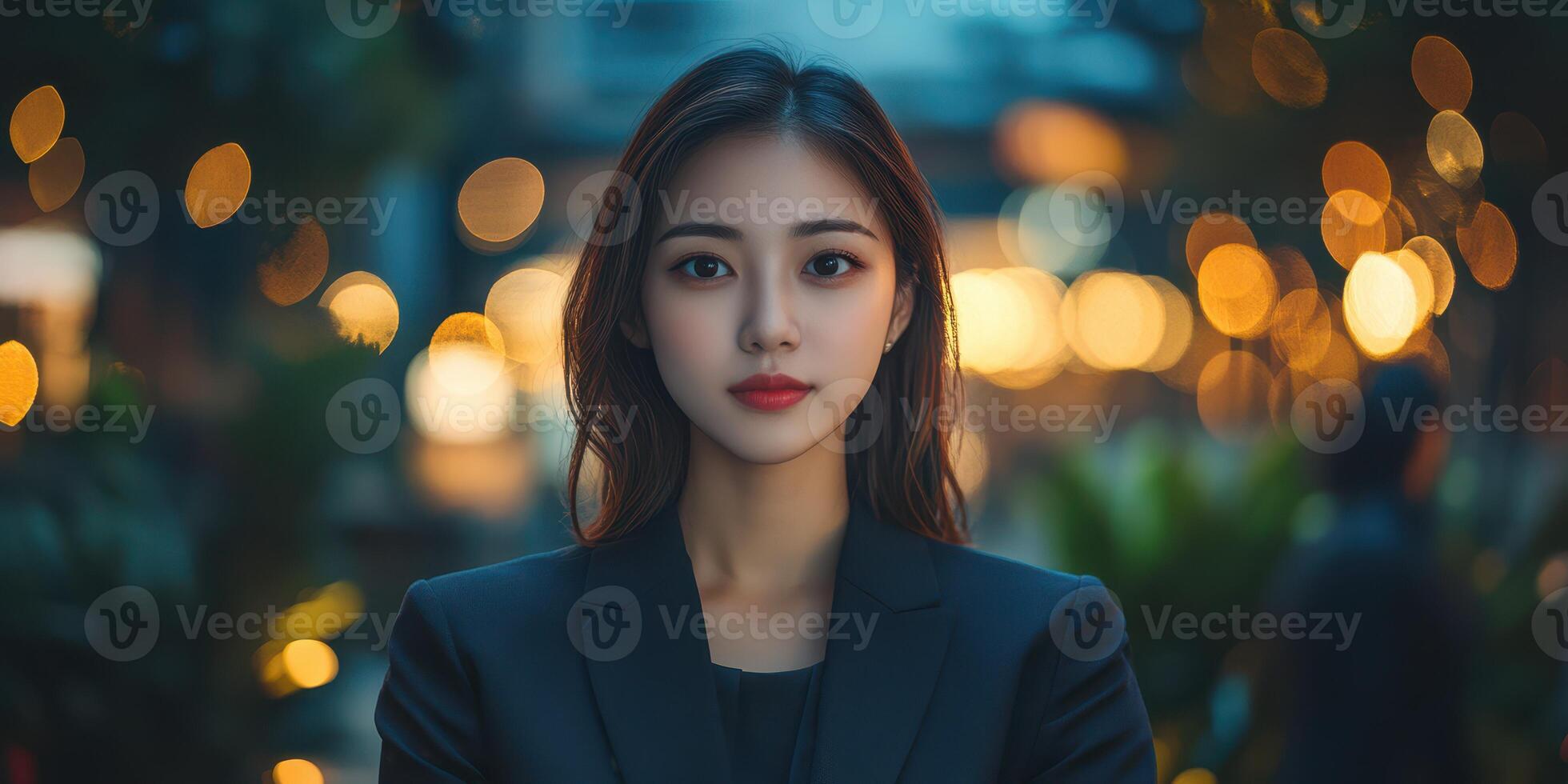 Confident woman in formal attire stands in a vibrant, illuminated urban setting during evening hours photo