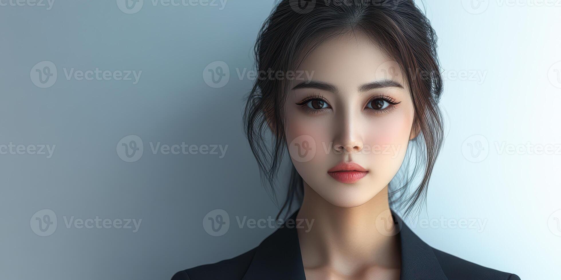 Portrait of a woman with elegant features wearing a tailored blazer against a soft blue background photo