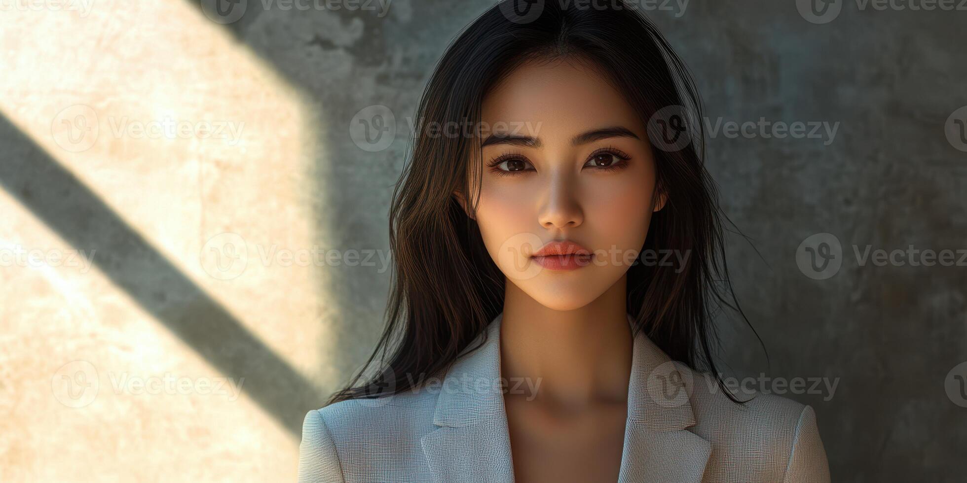 Portrait of a young woman with long dark hair in a stylish outfit captured in soft light against a concrete wall backdrop photo