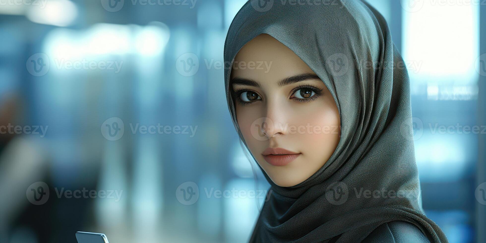 Young woman wearing a hijab holding a smartphone in a modern urban setting during daylight hours photo