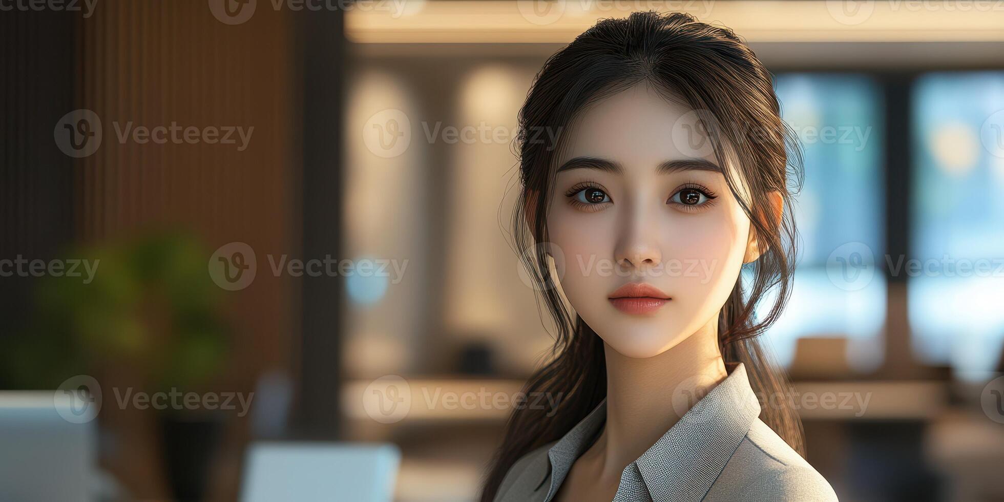 Young woman in an office setting looking directly at the camera with a calm expression and soft lighting photo