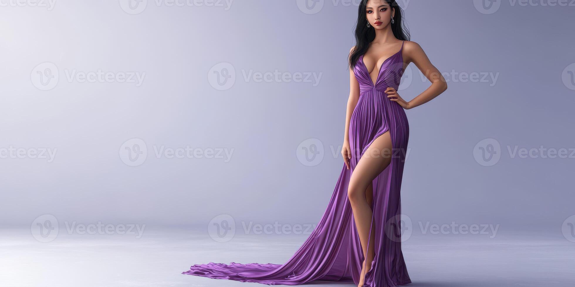 Elegant woman in a striking purple gown poses confidently against a minimalist backdrop during a fashion showcase photo