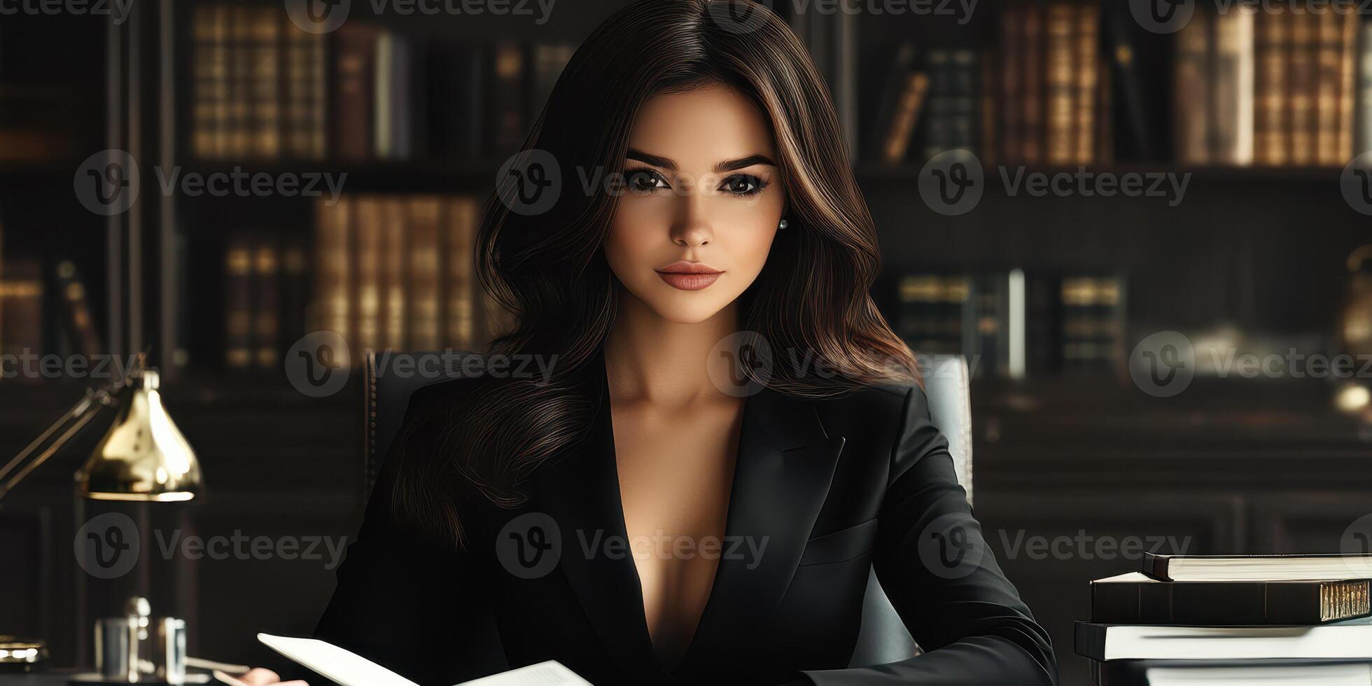 Confident woman in a formal outfit sitting in an elegant office surrounded by books and warm lighting during a productive afternoon photo