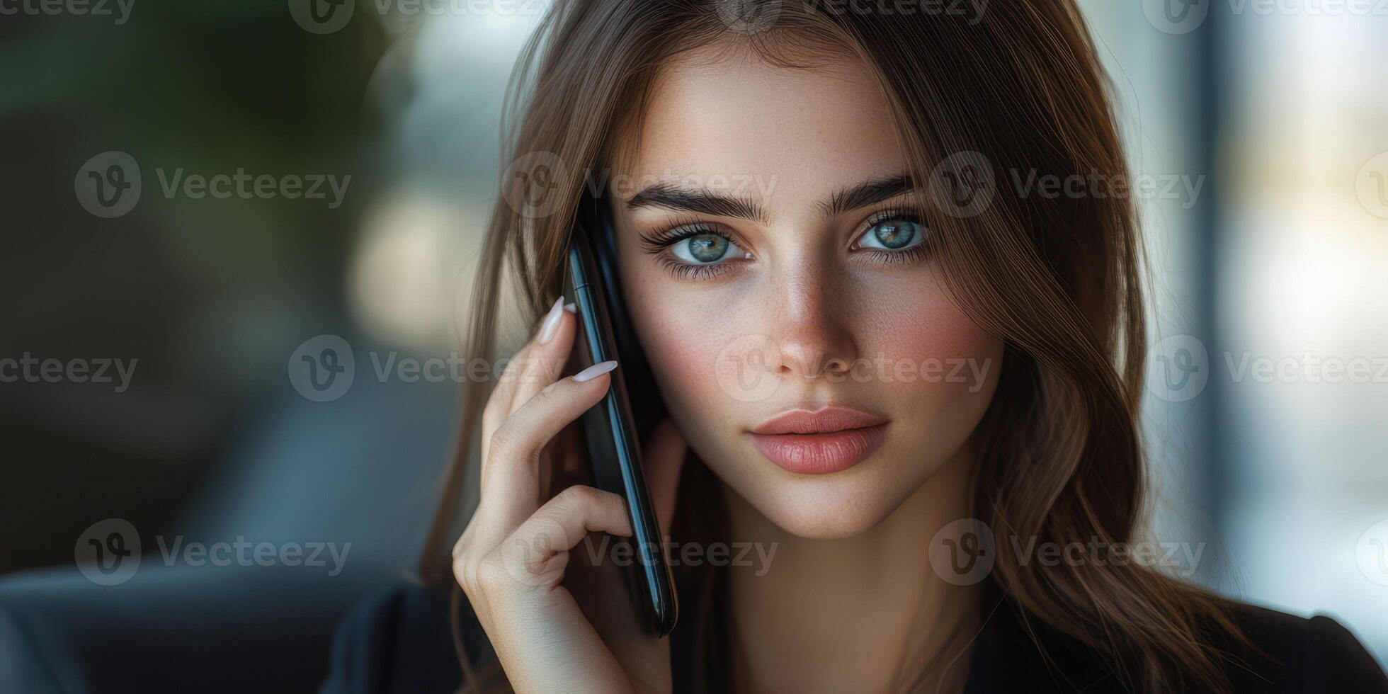 Young woman engaged in an important phone conversation in a modern office setting during daytime photo