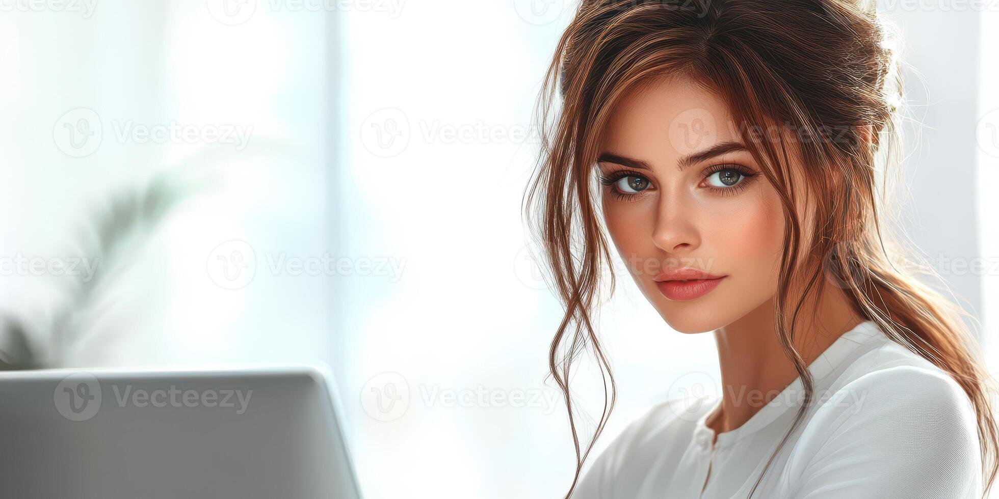 Woman working on a computer in a bright office space showcasing focus and determination photo