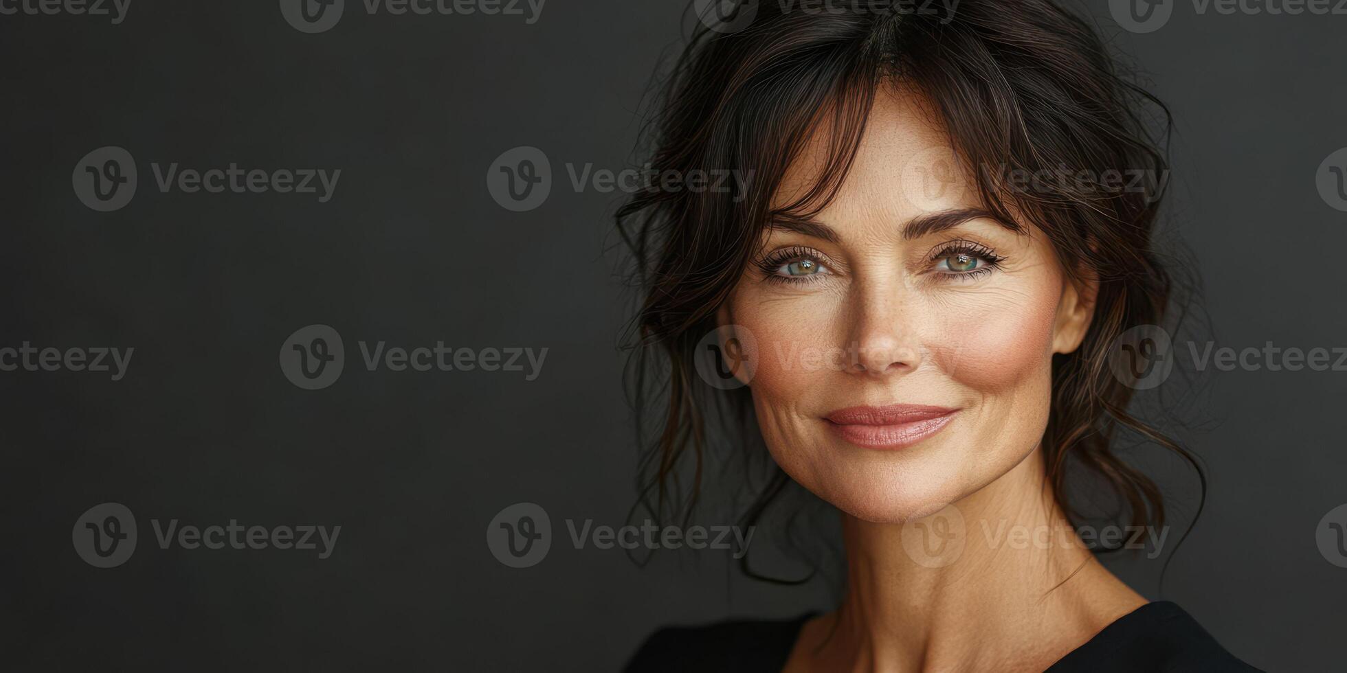Professional beauty portrait featuring a woman with natural makeup against a neutral backdrop photo
