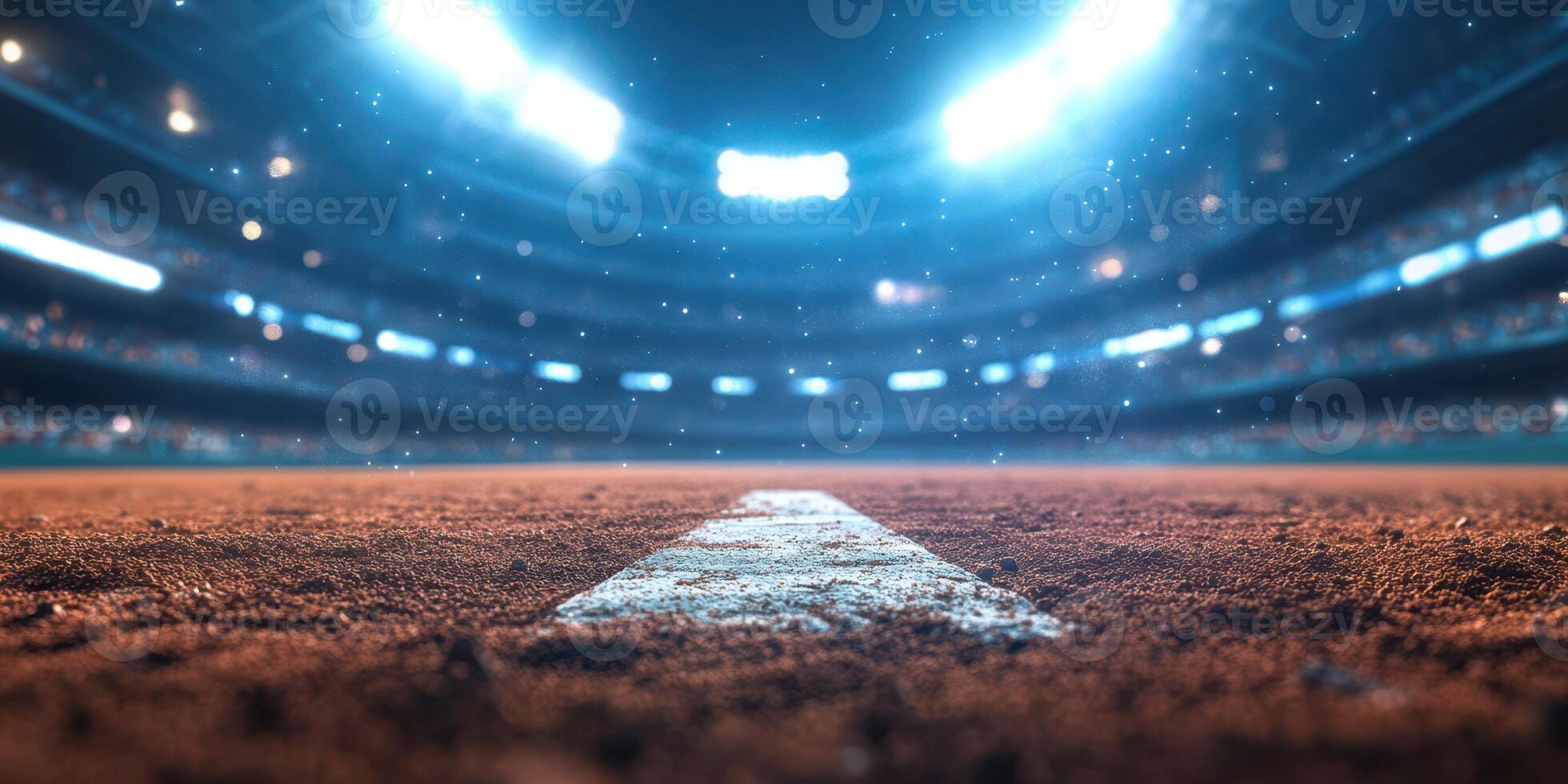 View of the baseball field with bright stadium lights illuminating the dirt path during a night game photo
