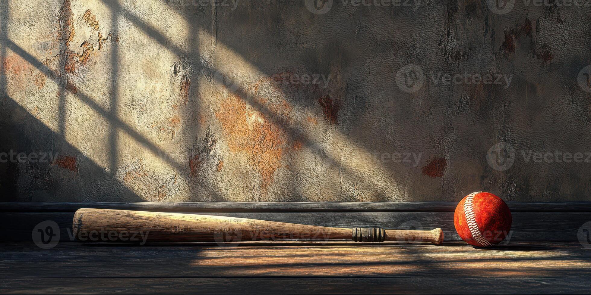 Baseball bat and ball resting on wooden floor in dimly lit room with textured walls photo