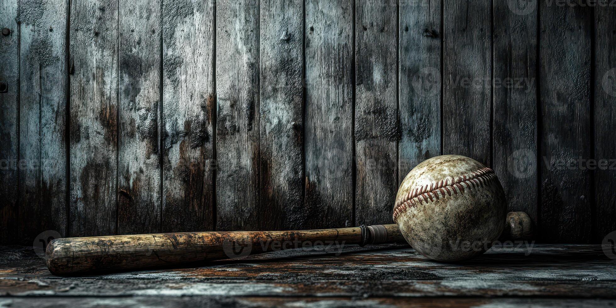Old baseball bat and worn ball resting against a weathered wooden wall in a dimly lit space photo
