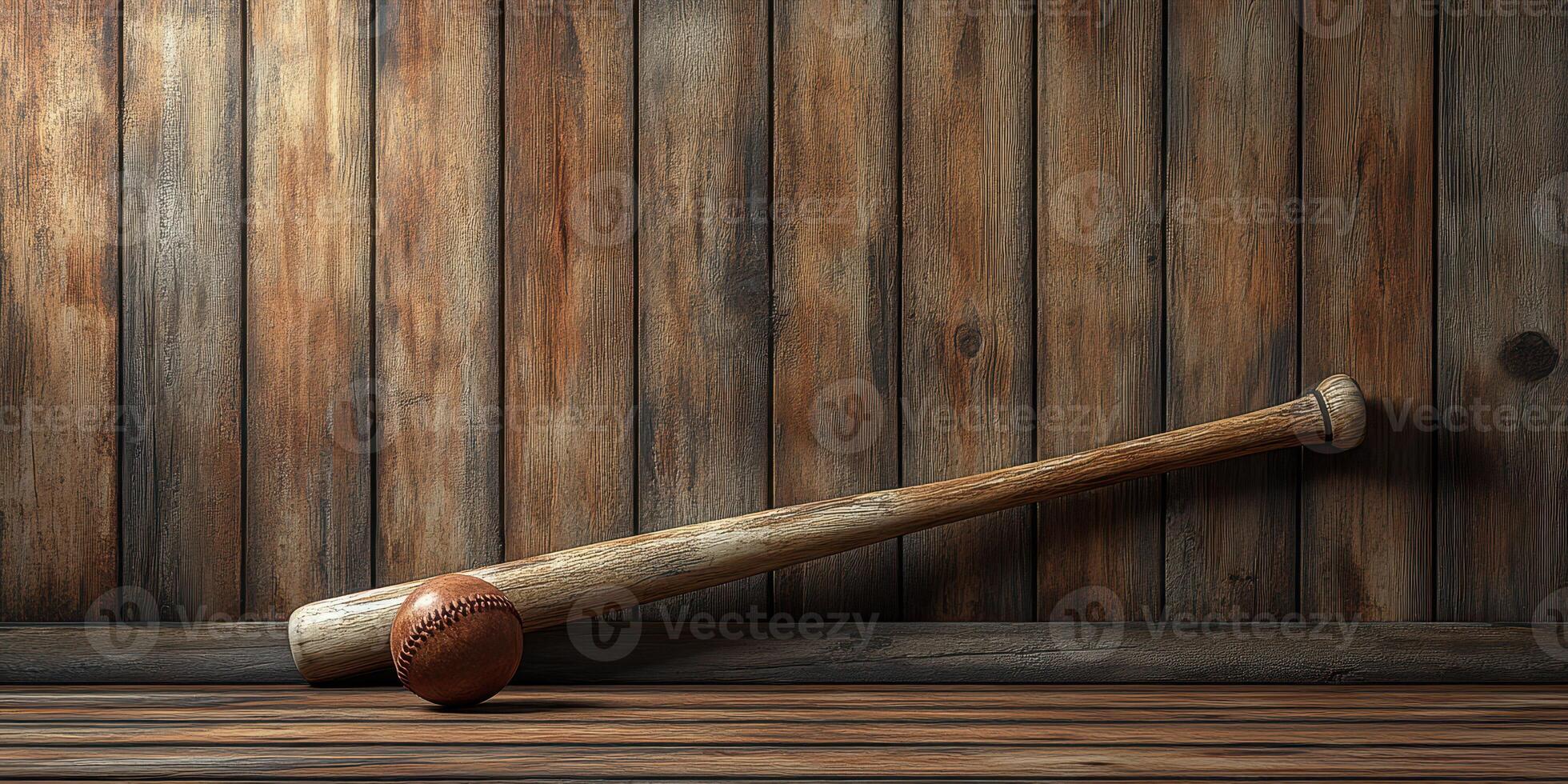 Wooden baseball bat and ball resting on wooden surface in a rustic setting photo