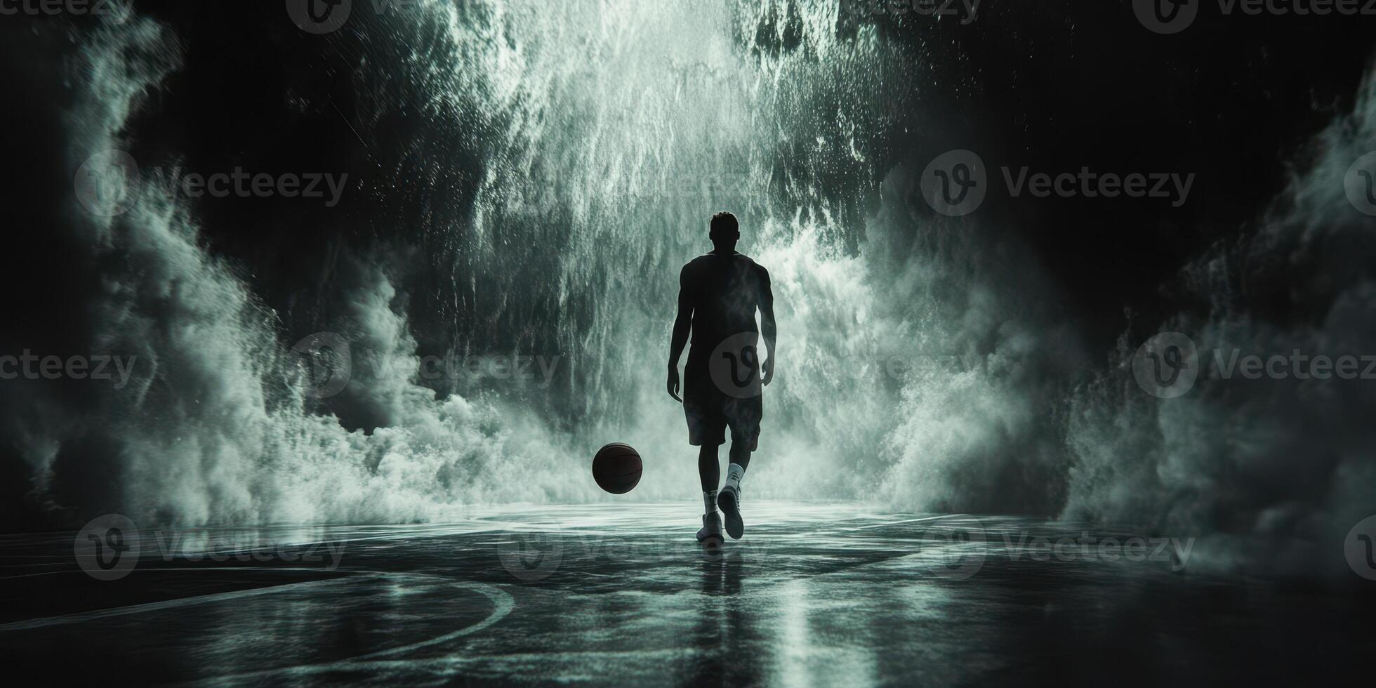 Powerful athlete walks towards the camera in a dramatic setting surrounded by mist and shadows photo