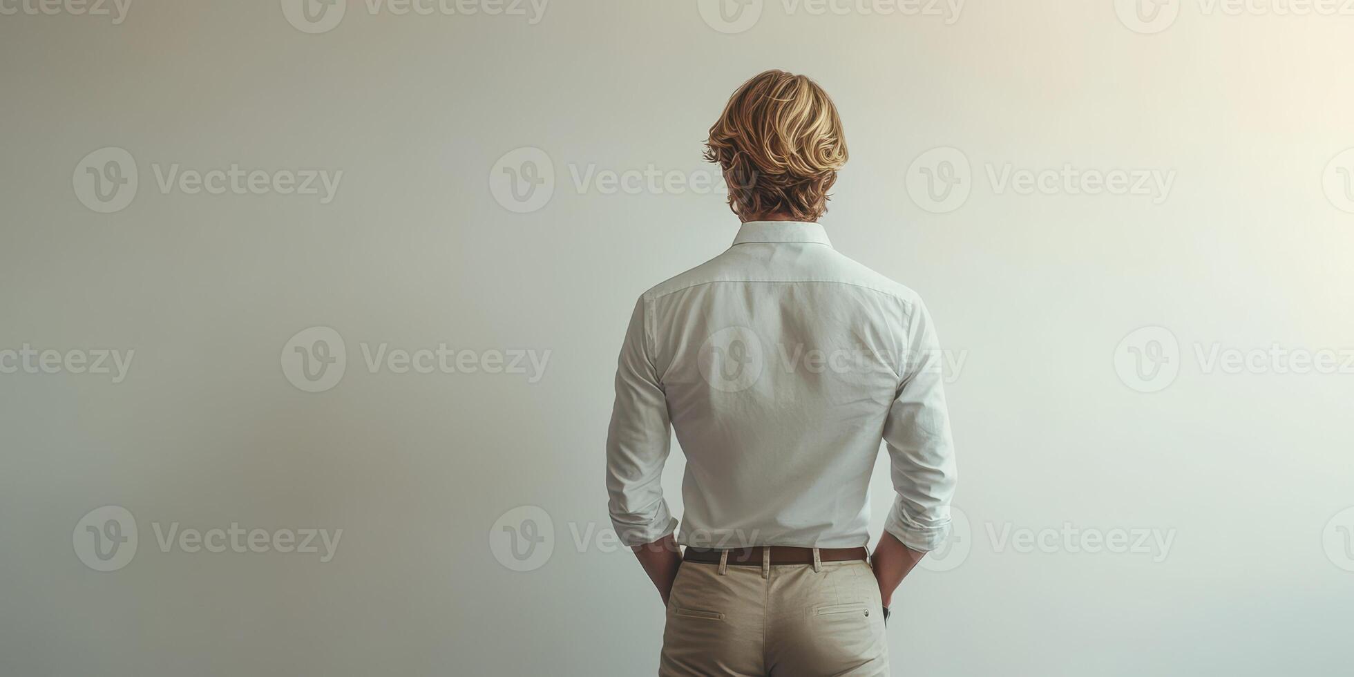 Man in white shirt standing against a blank wall contemplating his thoughts in a serene space photo