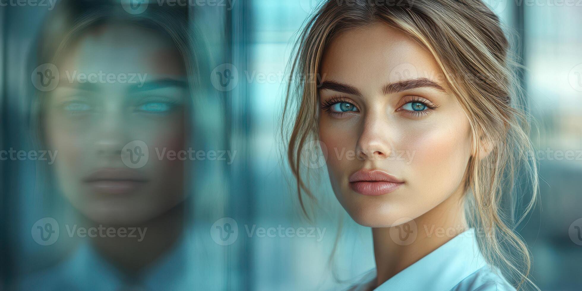 Captivating portrait of a woman with blue eyes and soft features in a modern indoor setting photo