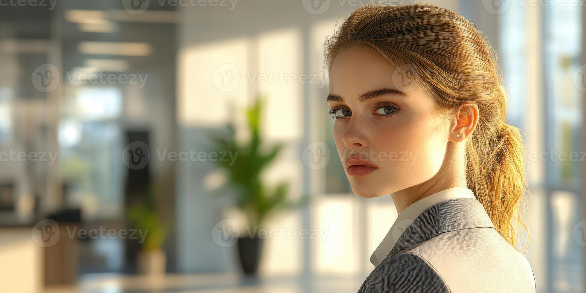 Professional woman in business attire focused on her work environment during a sunny afternoon in a modern office setting photo
