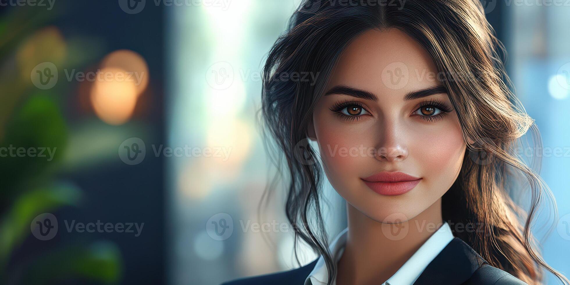 Portrait of a confident young woman in a modern office setting during daylight hours photo