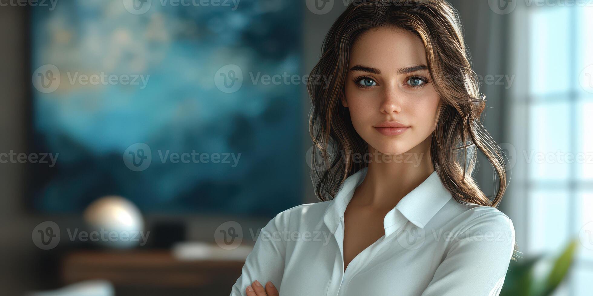 Confident young woman posing in an elegant office environment with soft natural light photo
