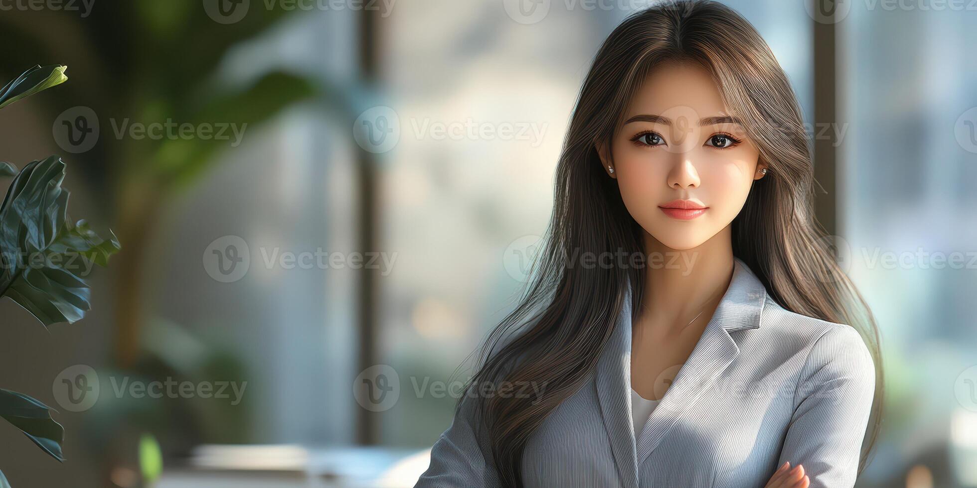 Confident professional woman poses in modern office setting during daylight hours photo