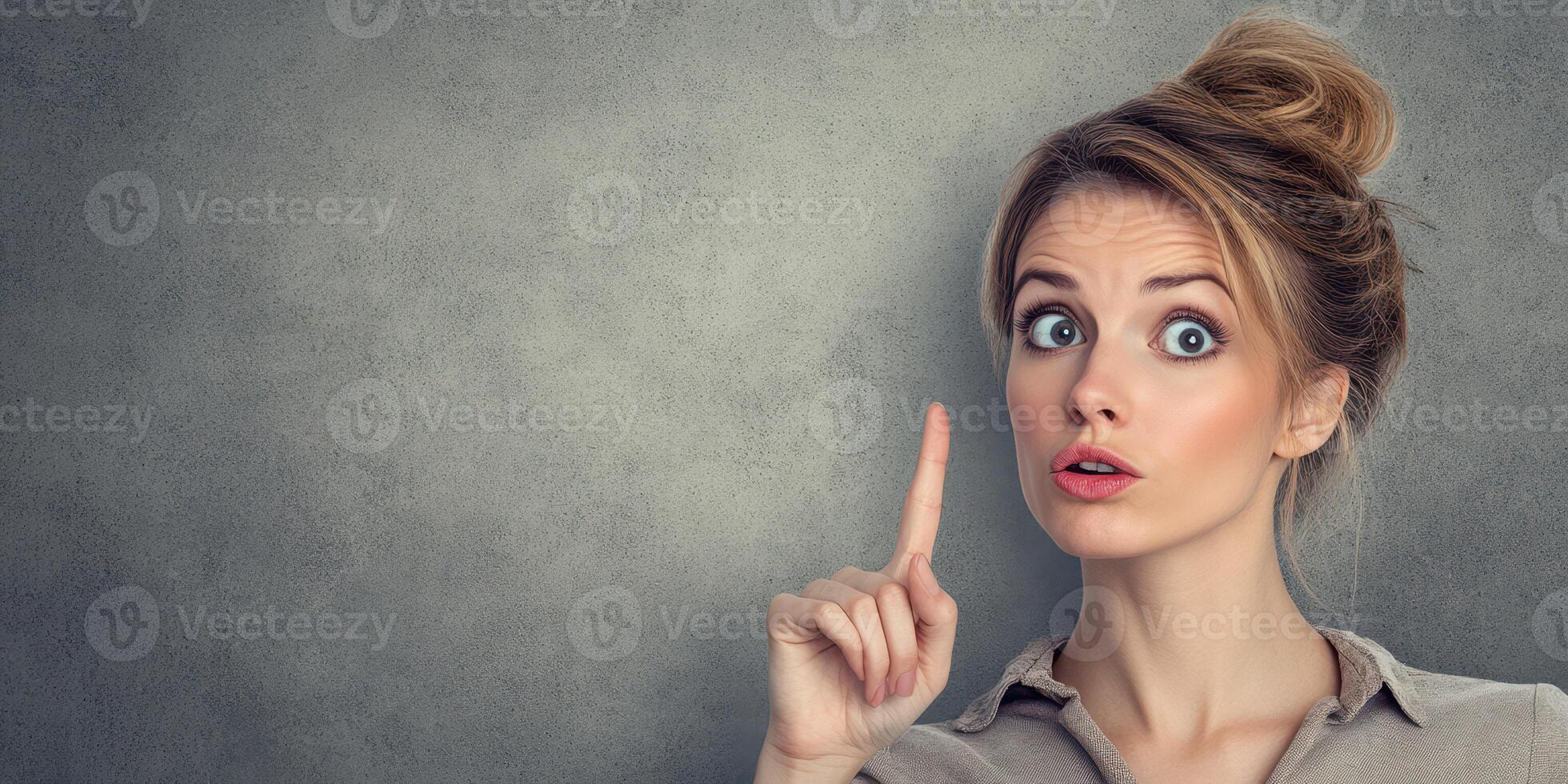 Woman making a gesture with her finger raised while displaying surprise in a modern indoor setting photo