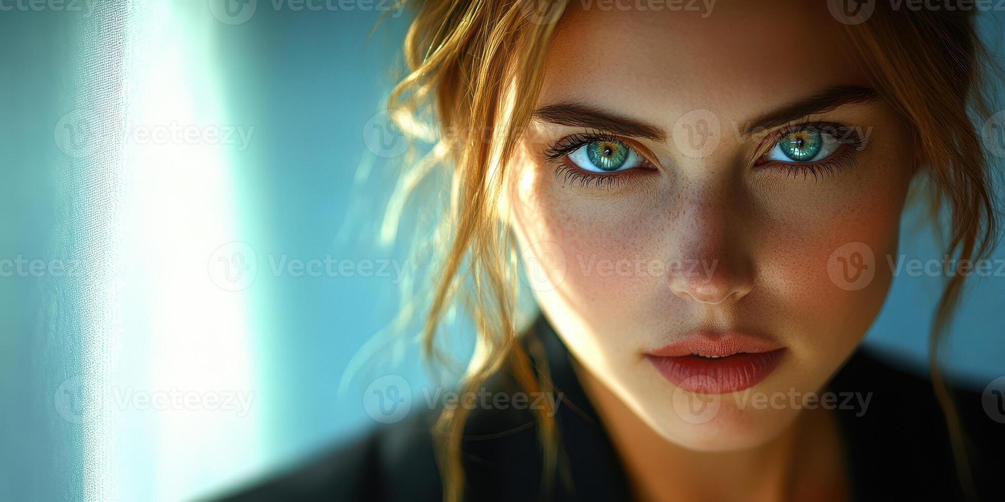 Young woman with striking blue eyes and natural makeup poses against a soft blue background in indoor setting photo