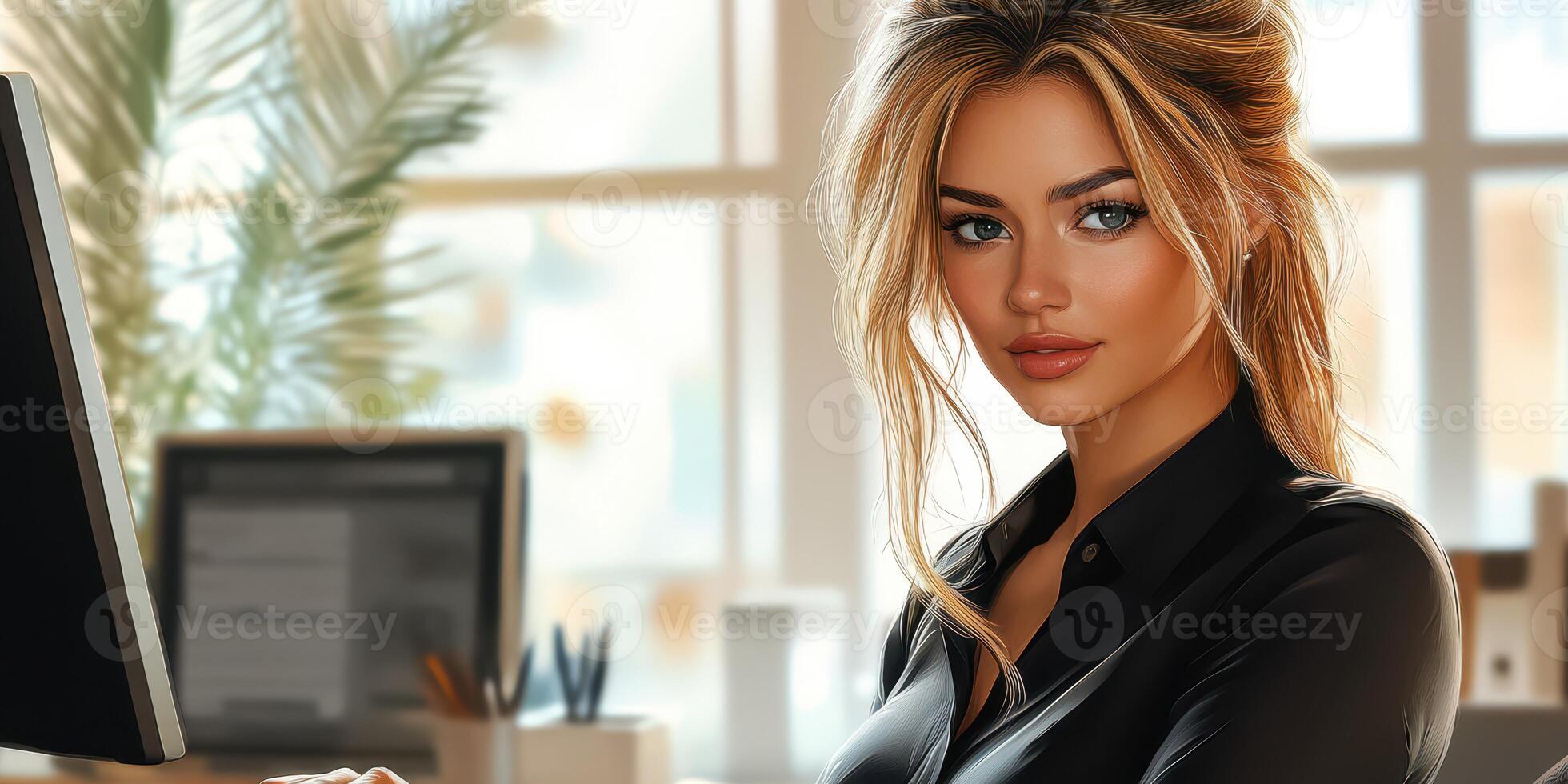 Young woman working in an office setting with a modern aesthetic and natural lighting in the background photo