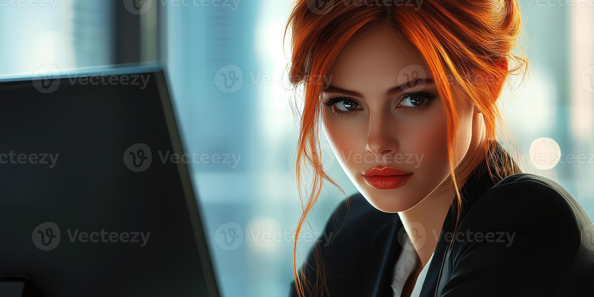 Young woman with striking red hair focused on work in modern office setting during daylight photo