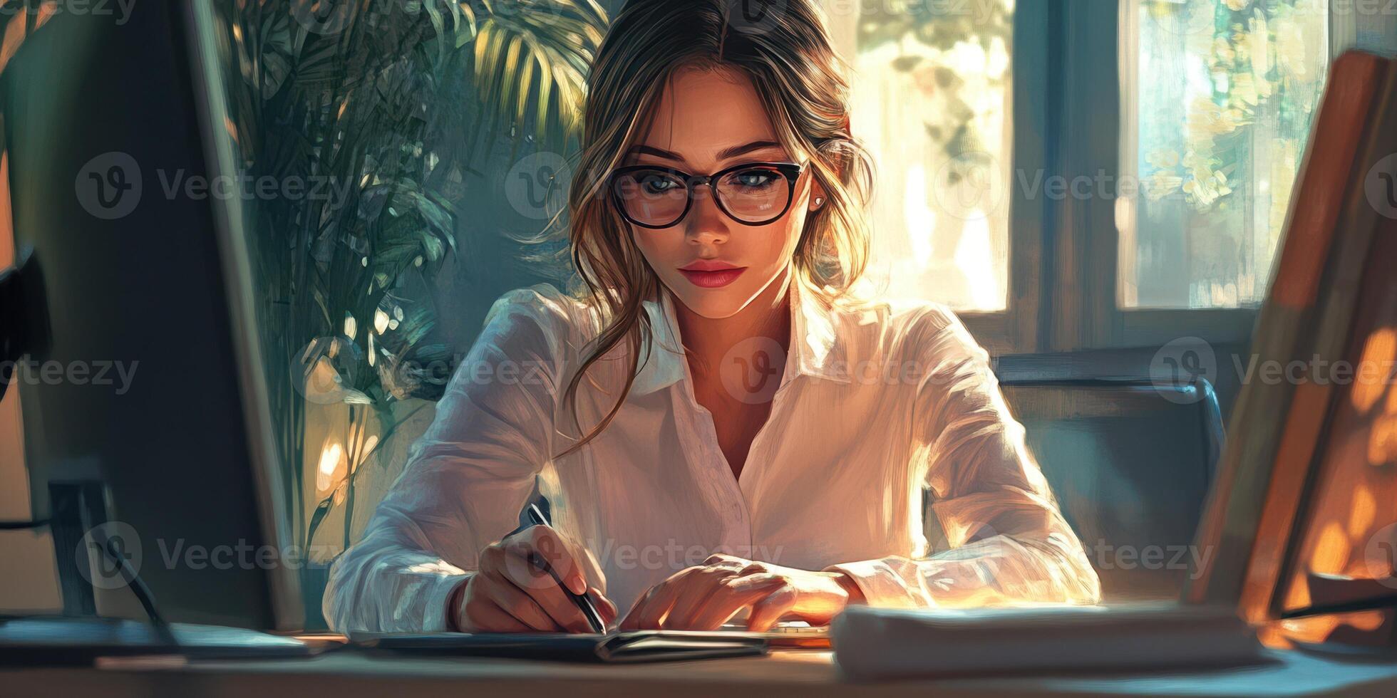 Young woman writing in notebook while sitting at desk in sunlit room with plants in background photo