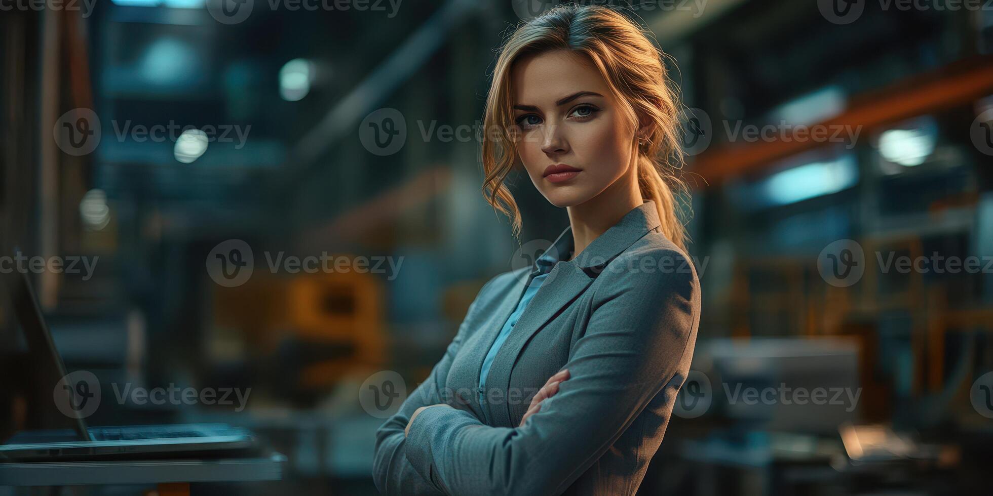 Businesswoman in a manufacturing facility exuding confidence while working on innovative technology solutions photo
