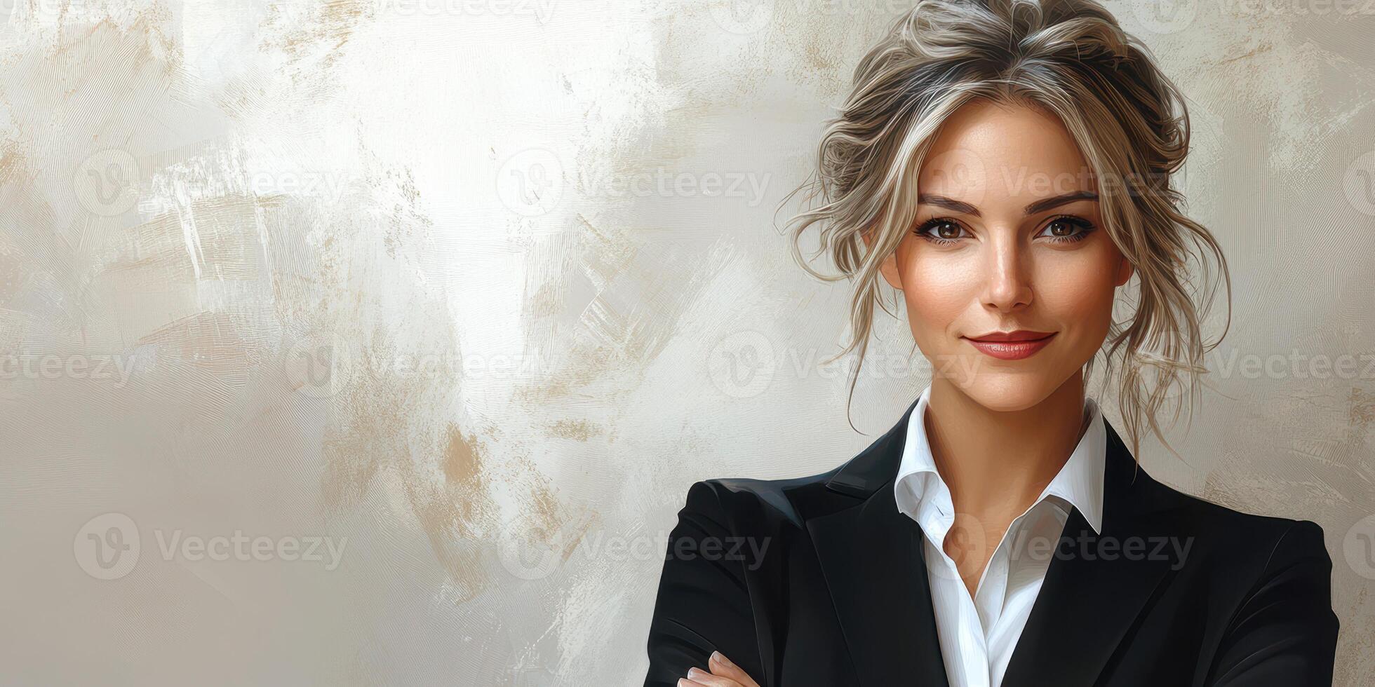 Professional woman in sophisticated attire poses confidently against a neutral backdrop in an office setting photo