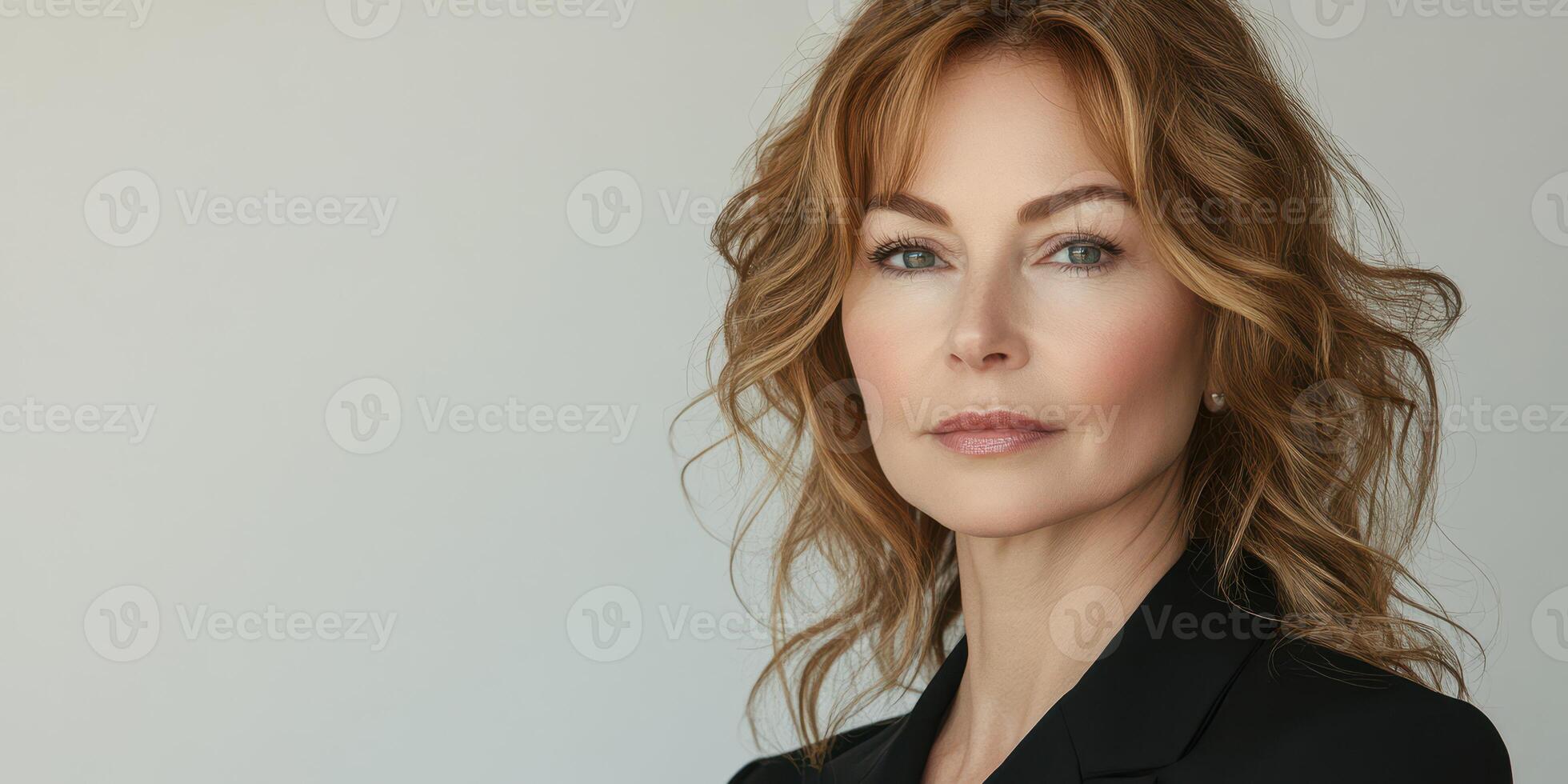Portrait of a confident woman with wavy hair in a modern setting, showcasing elegance and self-assurance during a professional shoot photo