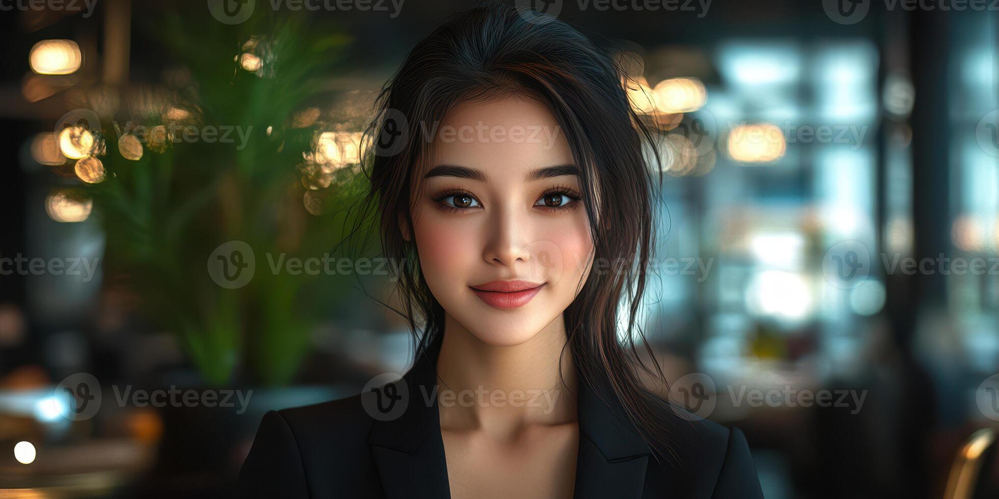 Young woman in a stylish black suit poses confidently in a modern restaurant setting with soft lighting photo