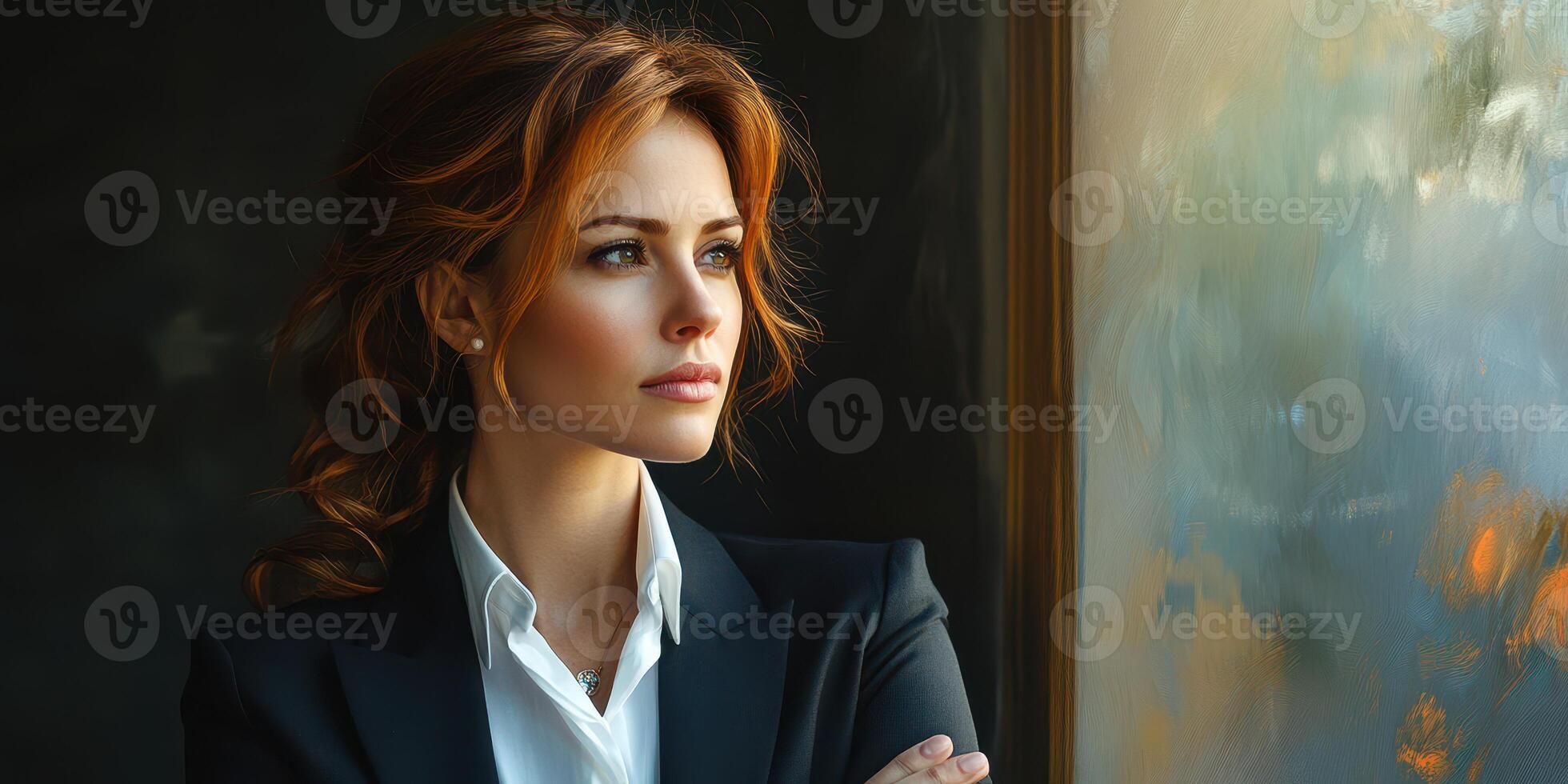 Professional woman gazes thoughtfully out of a window in a modern office setting during the late afternoon photo