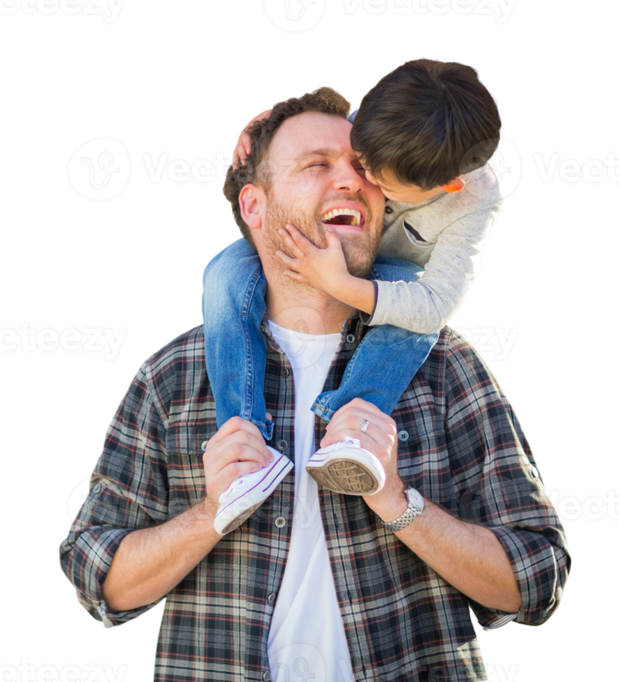 Laughing Mixed Race Father and Son Riding Piggyback Isolated on a Transparent Background. png