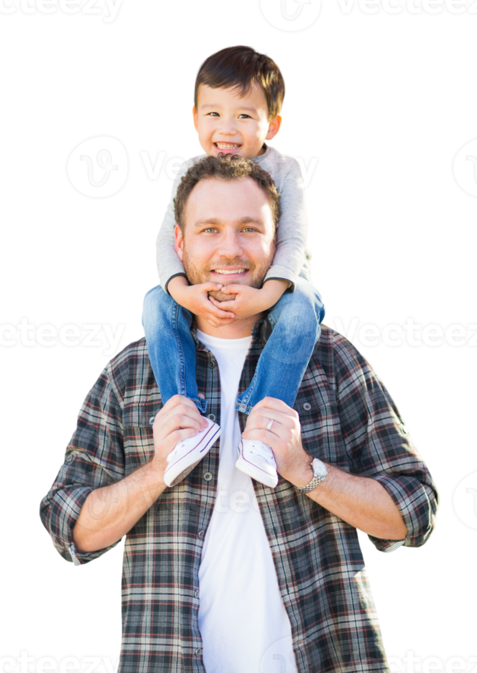Mixed Race Father and Son Riding Piggyback Isolated on a Transparent Background. Transparent png