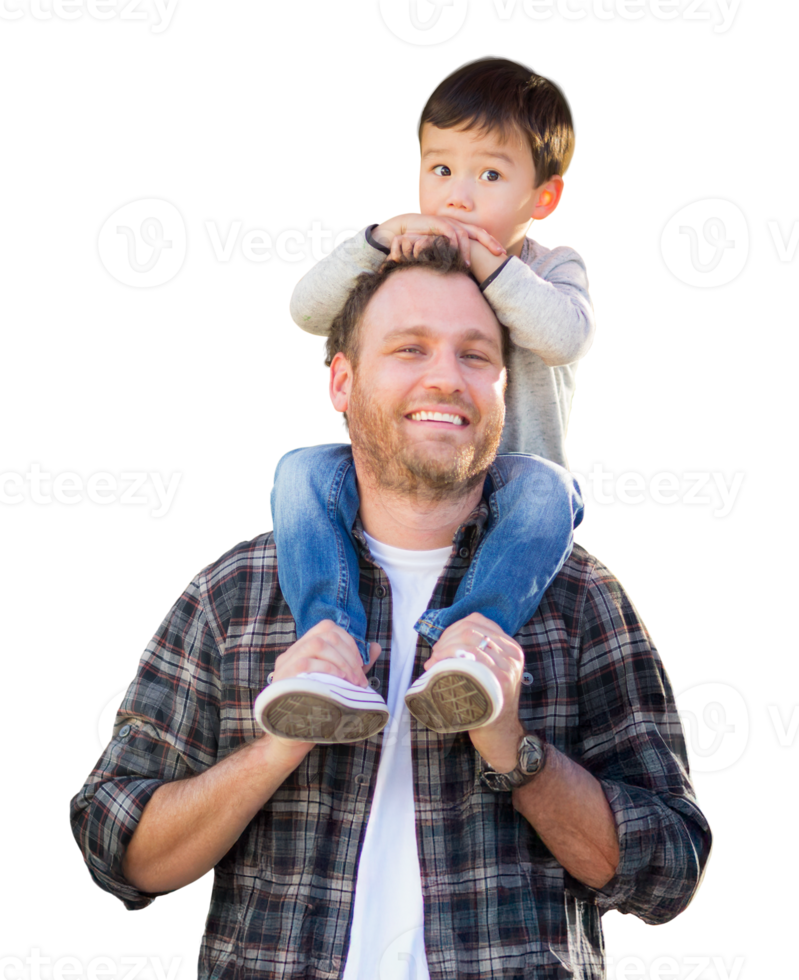 Affectionate Mixed Race Father and Son Riding Piggyback Isolated on a Transparent Background. png