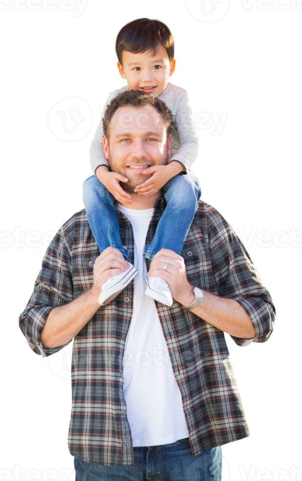Mixed Race Father and Son Riding Piggyback Isolated on a Transparent Background. png