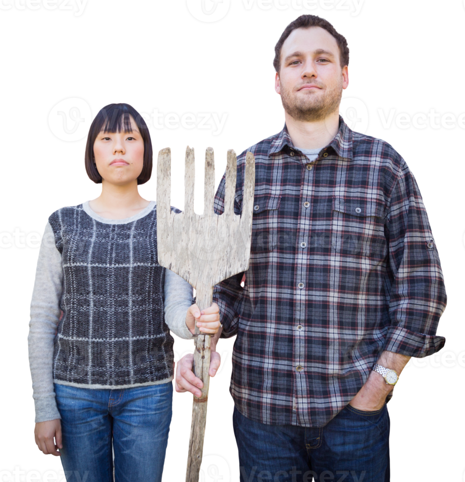 Mixed Race Chinese and Caucasian Couple Standing and Holding a Wooden Pitch Fork. Transparent . png