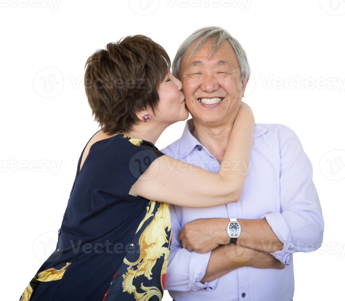 Affectionate Chinese Senior Couple Portrait Isolated on a Transparent Background. Transparent . png