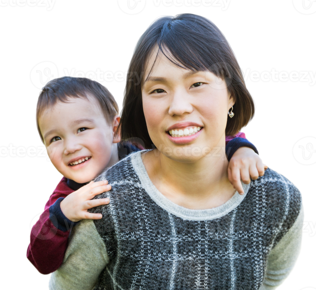 Chinese Mother and Mixed Race Caucasian and Chinese Son Portrait Isolated on a Transparent Background png