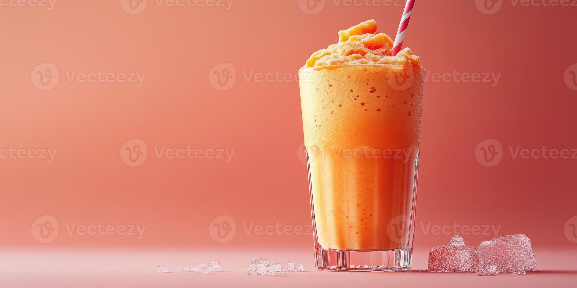 Refreshing orange smoothie served in a clear glass with a straw and ice on a pastel background photo