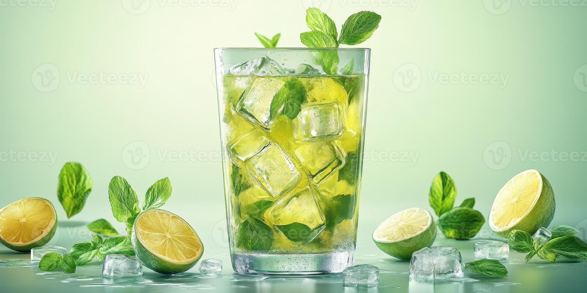 Refreshing mint lime drink with ice and fresh ingredients in a modern setting photo
