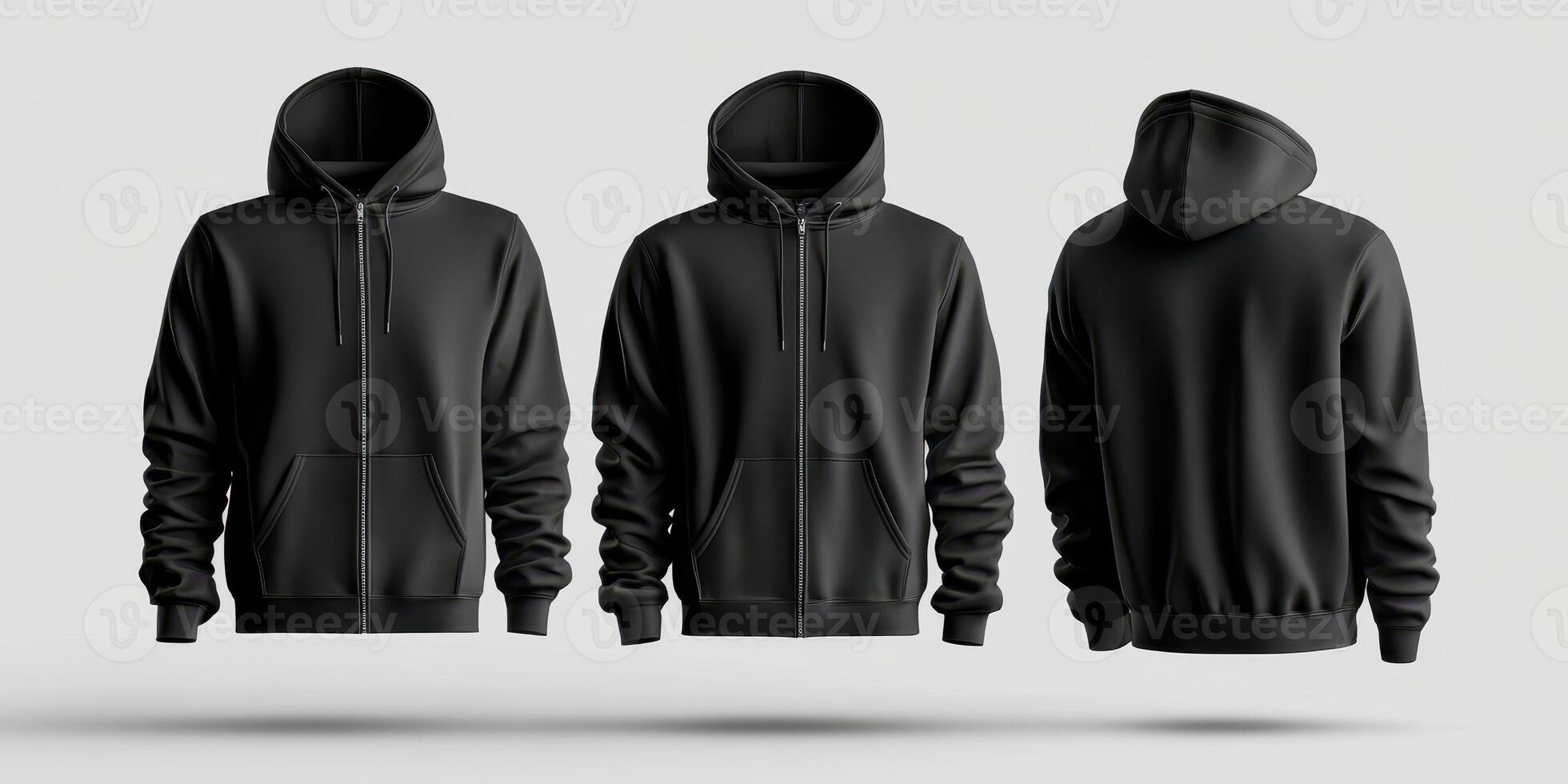Black hoodie displayed from multiple angles highlighting its design and style for potential wearers and fashion enthusiasts photo