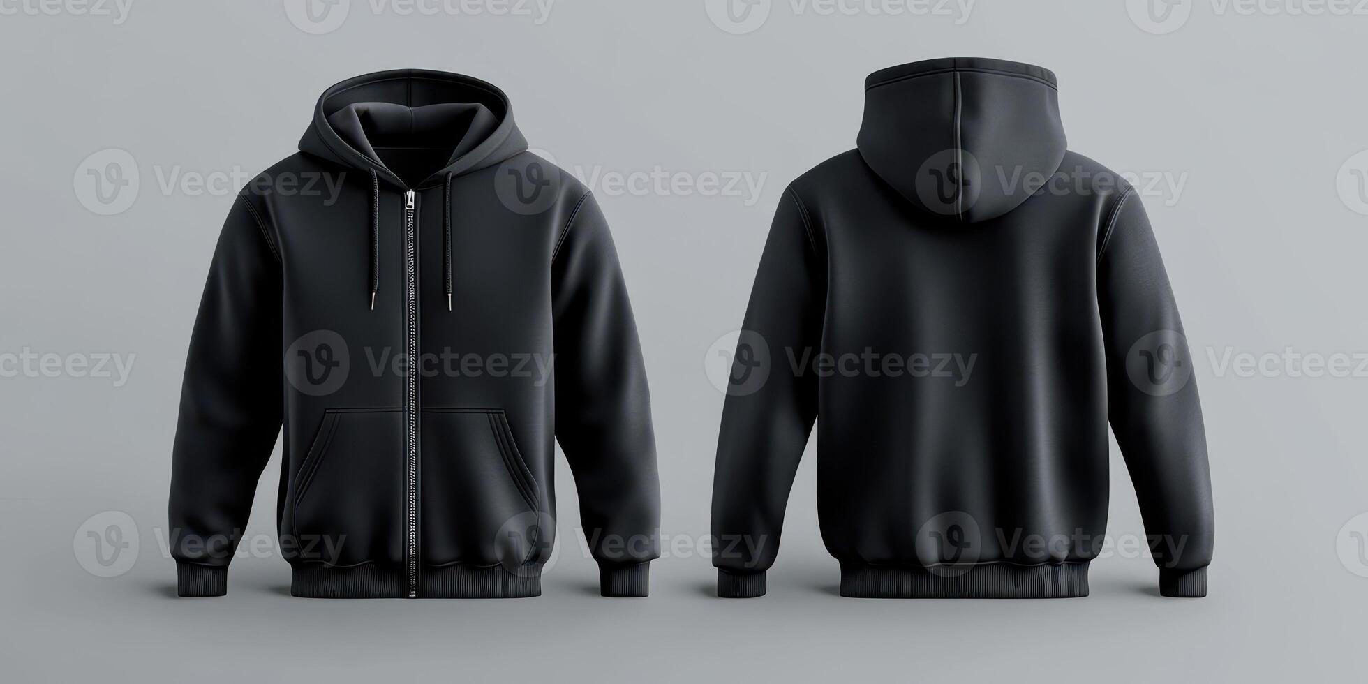 Hooded sweatshirt displayed from front and back view against a neutral gray background photo