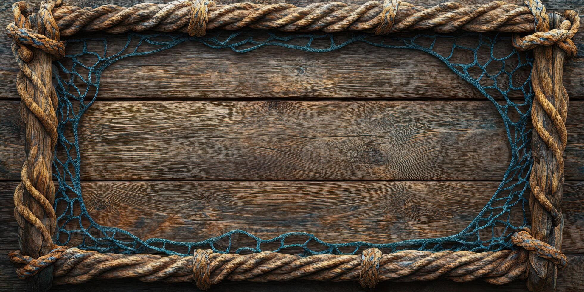 Rustic wooden frame adorned with natural rope and netting for coastal decor photo