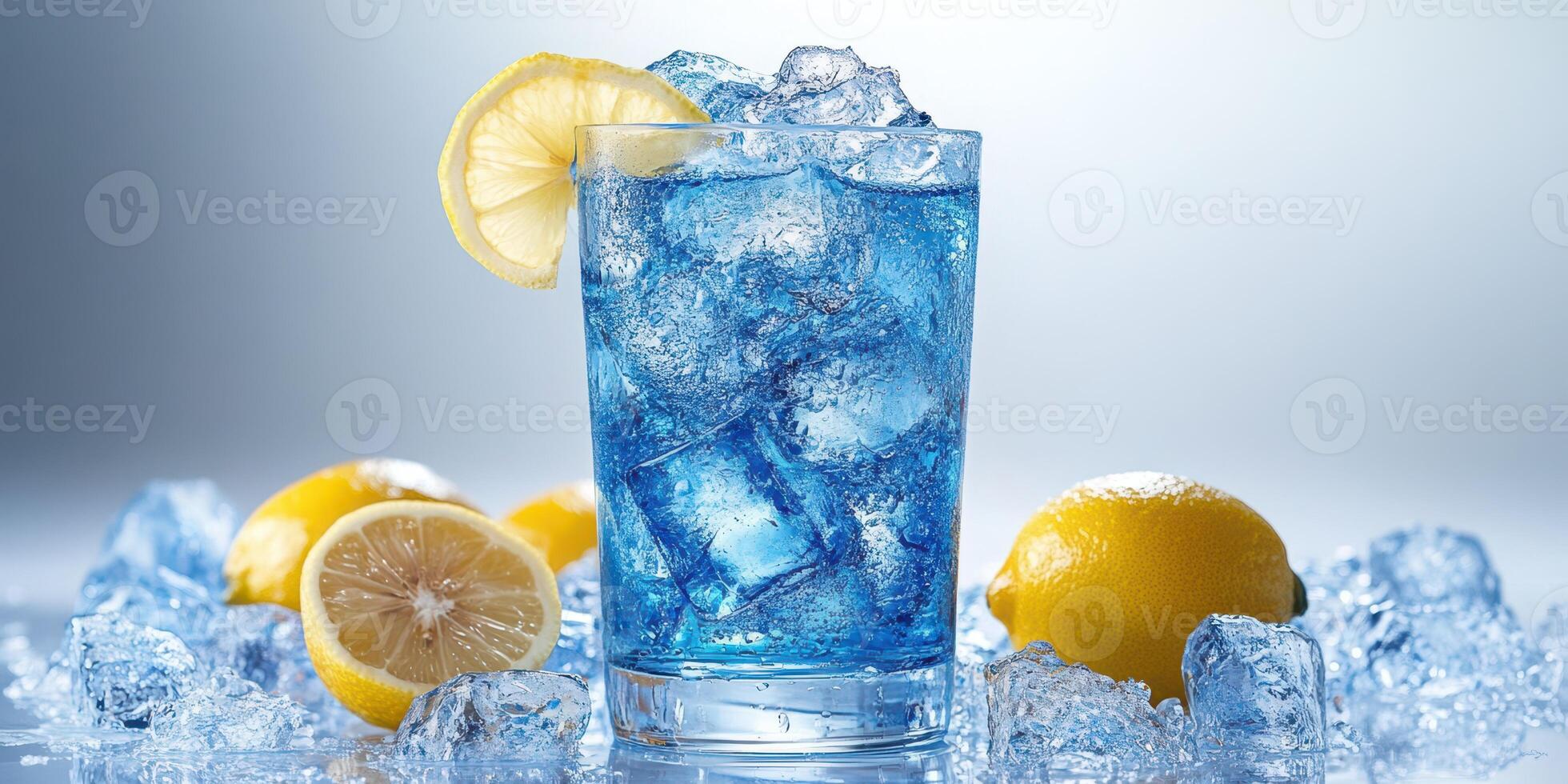 Refreshing blue beverage served with ice and lemon slices on a bright background photo